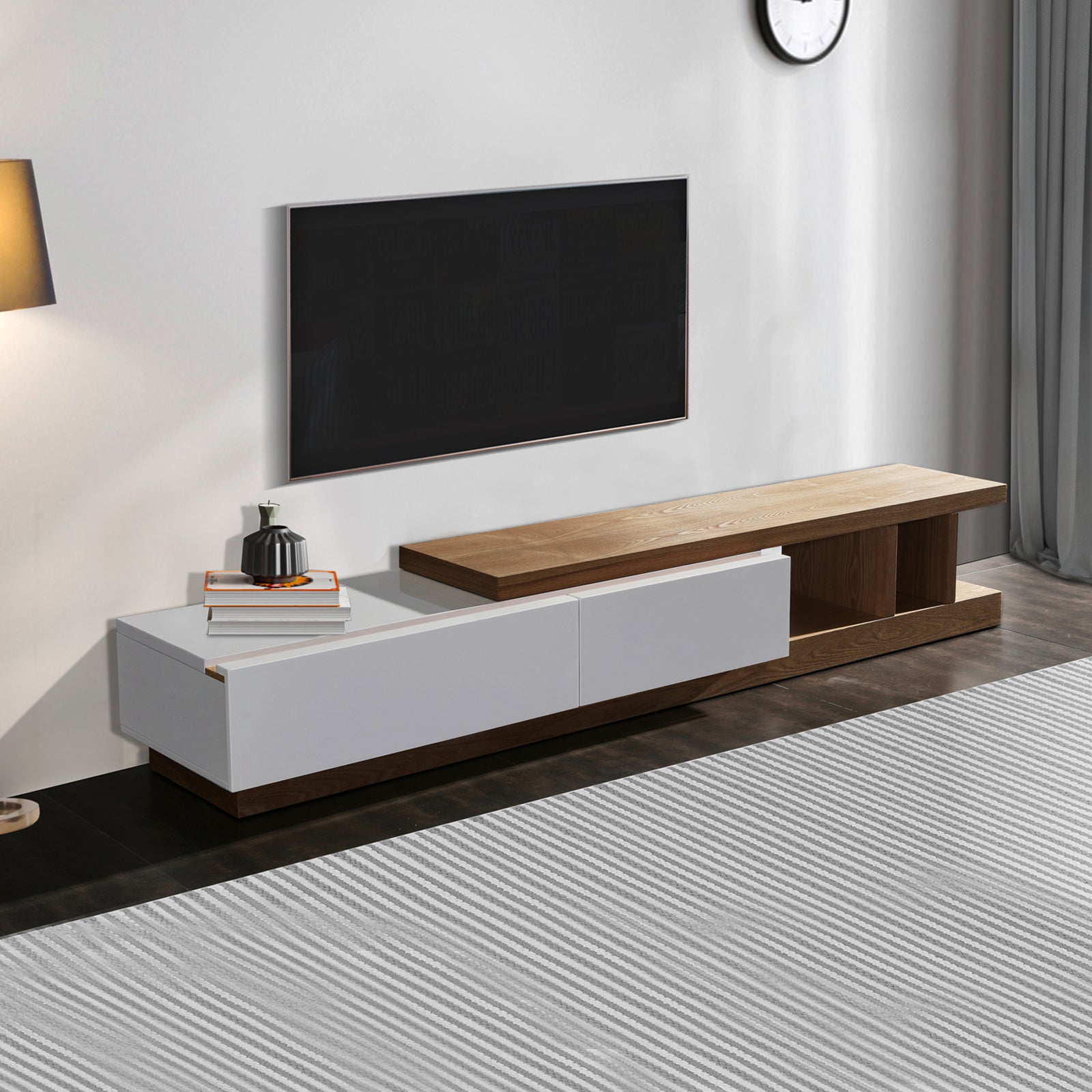 TV Cabinet with 2 Storage Drawers With High Glossy Assembled Entertainment Unit in White Ash colour Does not apply