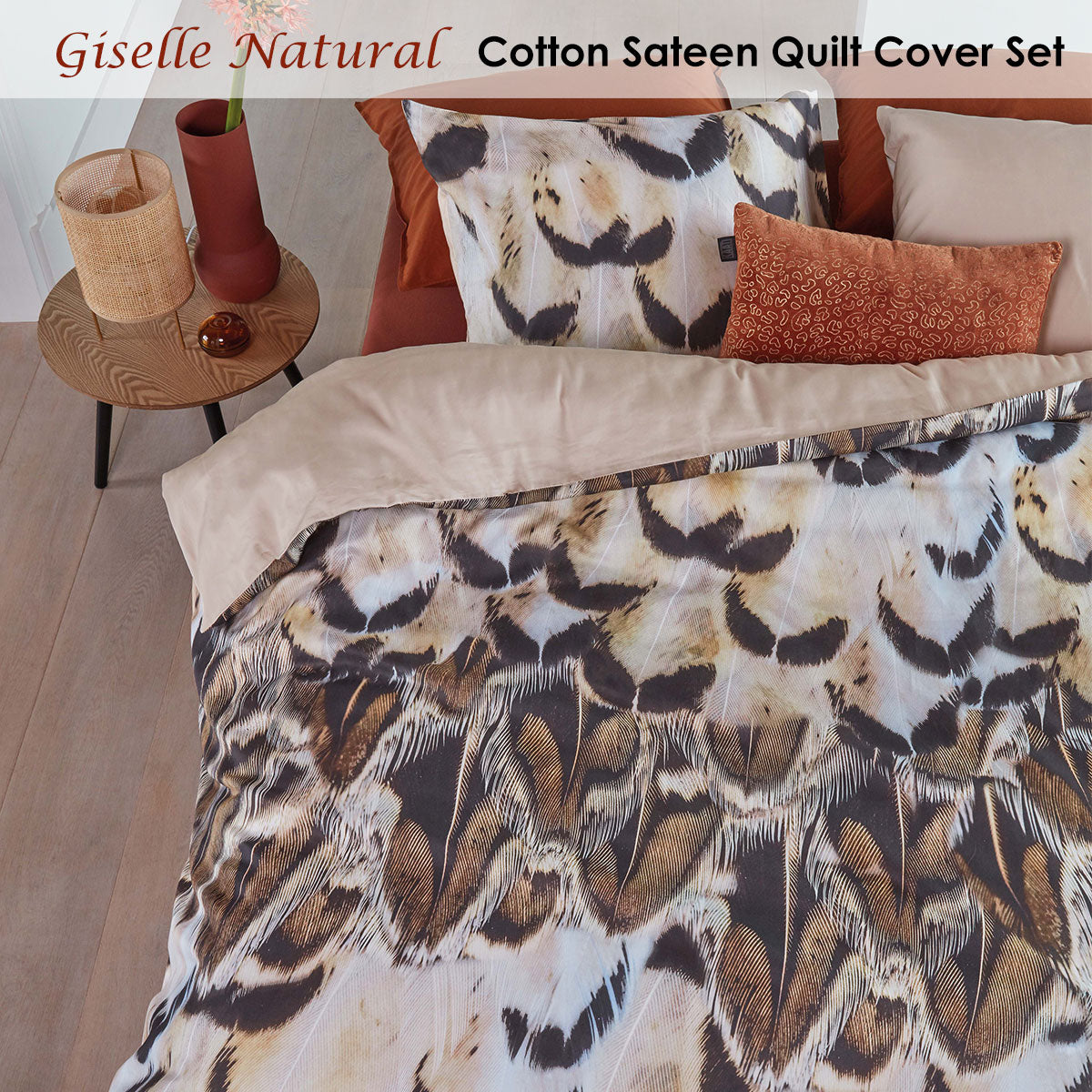 Bedding House Giselle Natural Cotton Sateen Quilt Cover Set King Awezingly