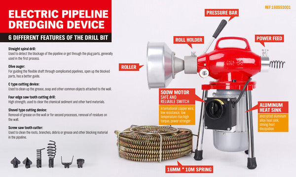 400W Drain Cleaner Electric Eel Rigid Plumbing Sewerage Pipe Machine 6 Cutters Does Not Apply