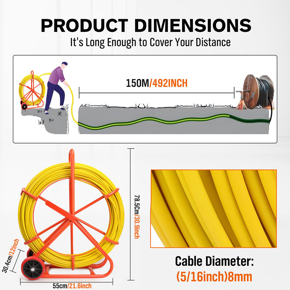 150M×8MM Fish Tape Puller Fiberglass Wire Cable Running Duct Rodder Heavy Duty Does not Apply