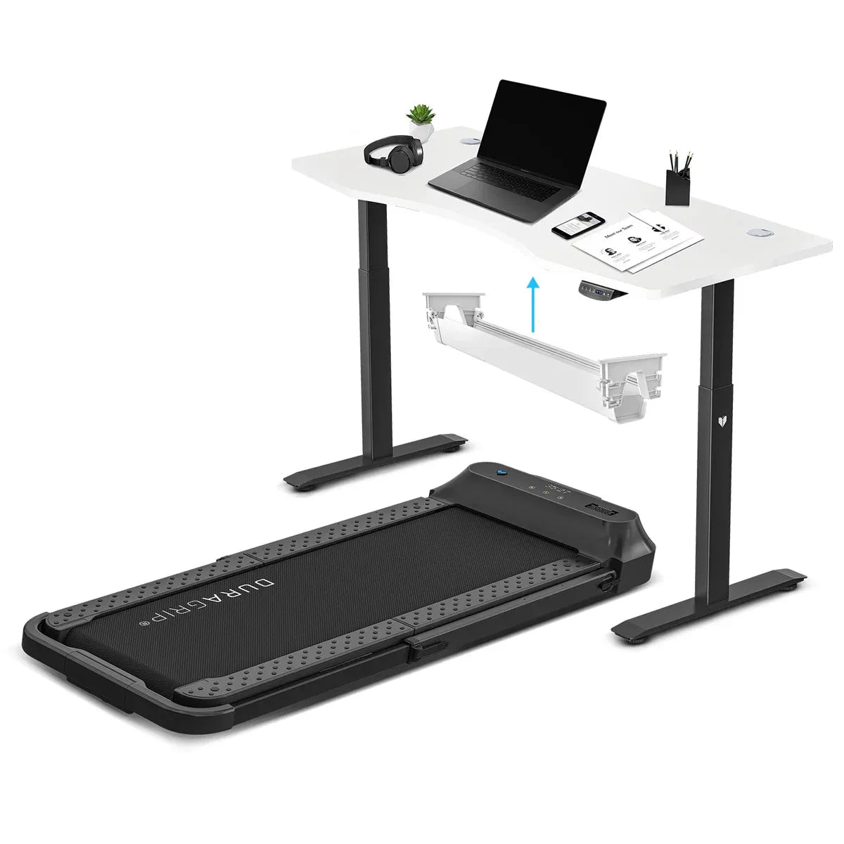 Lifespan Fitness V-FOLD Treadmill with ErgoDesk Automatic Standing Desk 1500mm in White/Black with Cable Management Awezingly