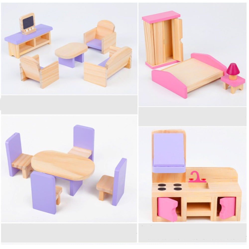 Wooden DIY Dolls Doll House 3 Level Kids Pretend Play Toys Full Furniture Set Does Not Apply