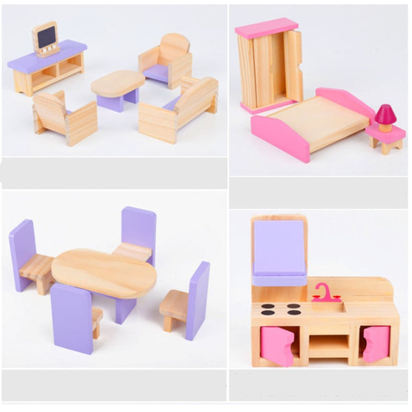 Wooden DIY Dolls Doll House 3 Level Kids Pretend Play Toys Full Furniture Set Does Not Apply