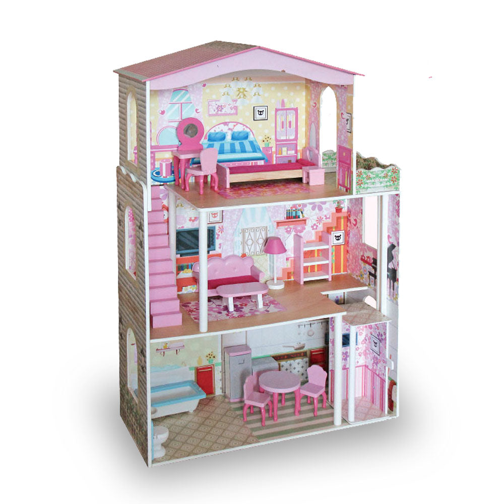 Large Wooden Dolls Doll House 3 Level Kids Pretend Play Toys Full Furniture Does Not Apply