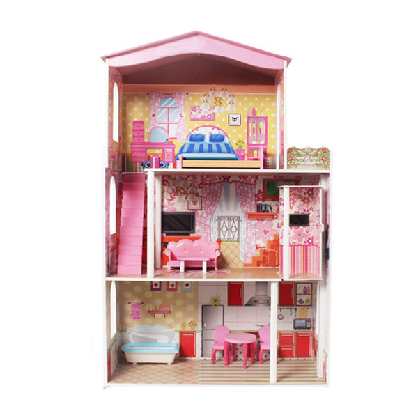Large Wooden Dolls Doll House 3 Level Kids Pretend Play Toys Full Furniture Does Not Apply