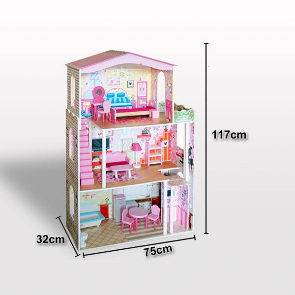 Large Wooden Dolls Doll House 3 Level Kids Pretend Play Toys Full Furniture Does Not Apply