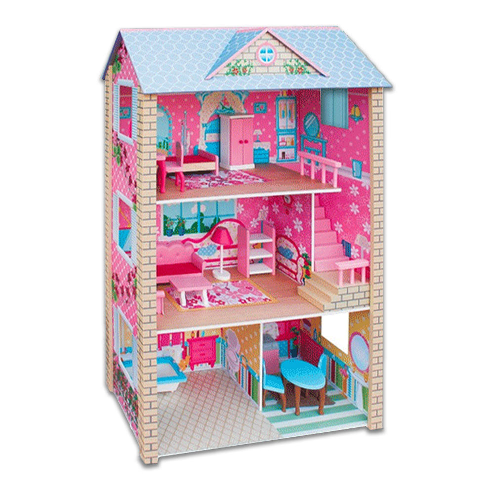 Large Wooden Dolls Doll House 3 Level Kids Pretend Play Toys Full Furniture Does Not Apply
