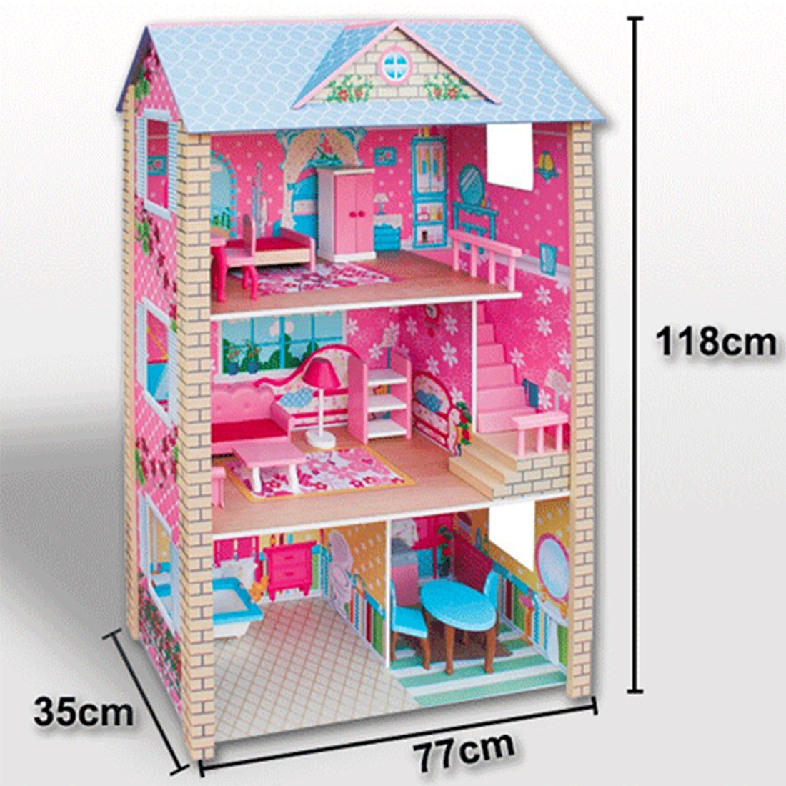 Large Wooden Dolls Doll House 3 Level Kids Pretend Play Toys Full Furniture Does Not Apply