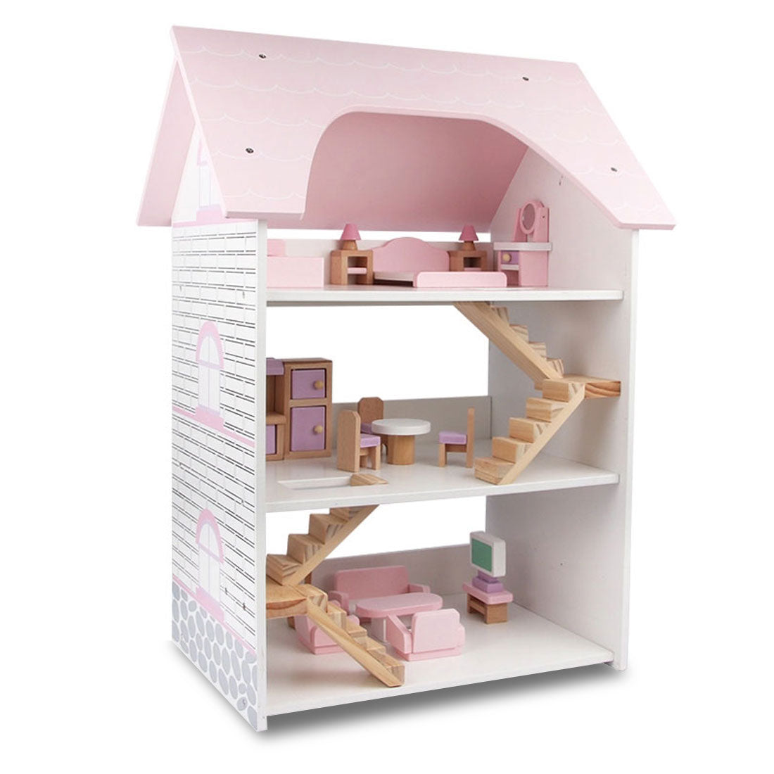 Wooden DIY Dolls Doll House 3 Level Kids Pretend Play Toys Full Furniture Set Pink Does Not Apply