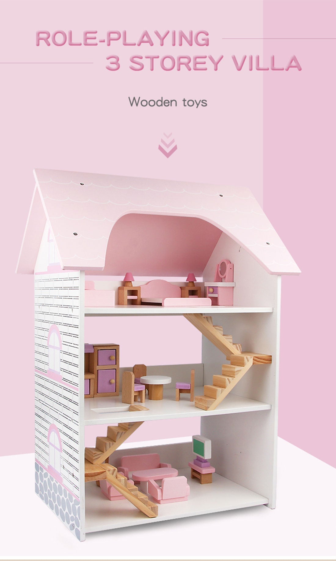 Wooden DIY Dolls Doll House 3 Level Kids Pretend Play Toys Full Furniture Set Pink Does Not Apply