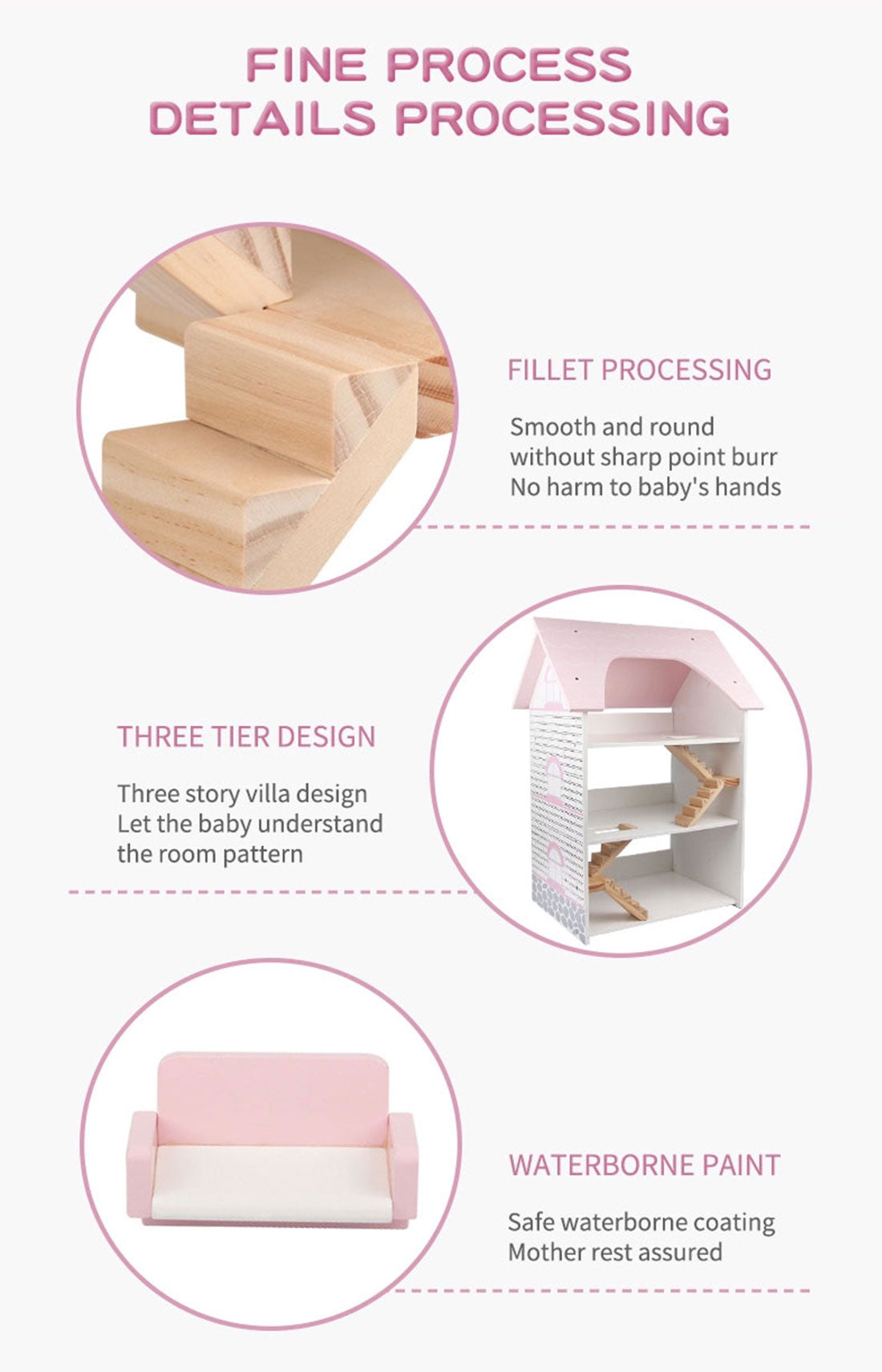 Wooden DIY Dolls Doll House 3 Level Kids Pretend Play Toys Full Furniture Set Pink Does Not Apply