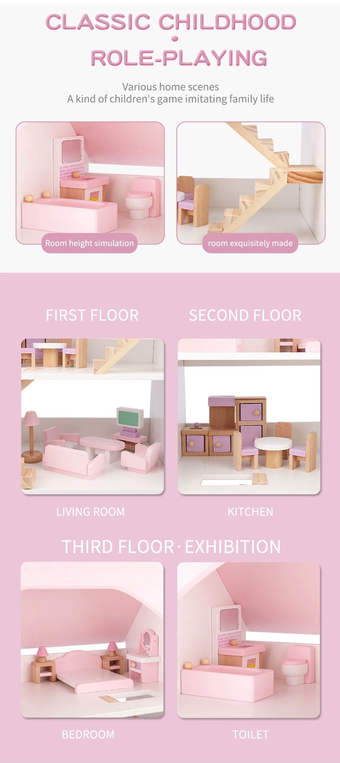 Wooden DIY Dolls Doll House 3 Level Kids Pretend Play Toys Full Furniture Set Pink Does Not Apply