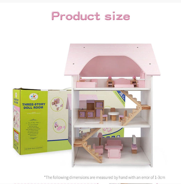 Wooden DIY Dolls Doll House 3 Level Kids Pretend Play Toys Full Furniture Set Pink Does Not Apply