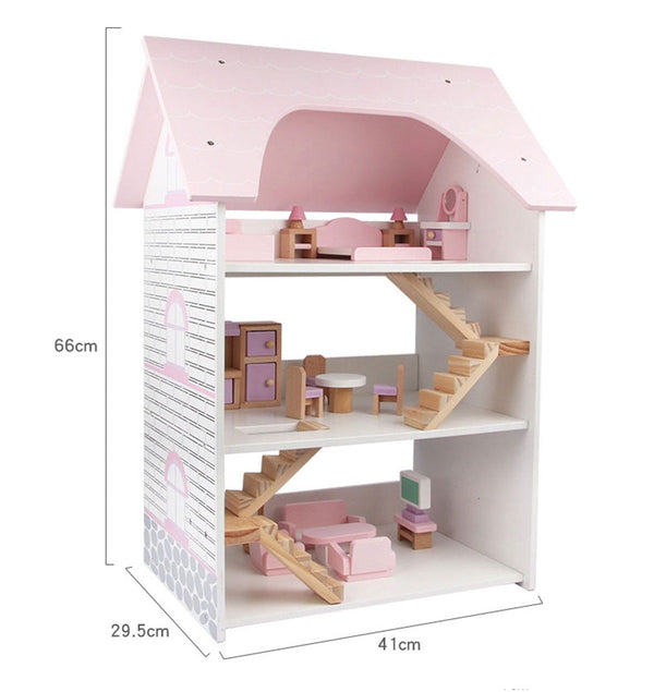 Wooden DIY Dolls Doll House 3 Level Kids Pretend Play Toys Full Furniture Set Pink Does Not Apply