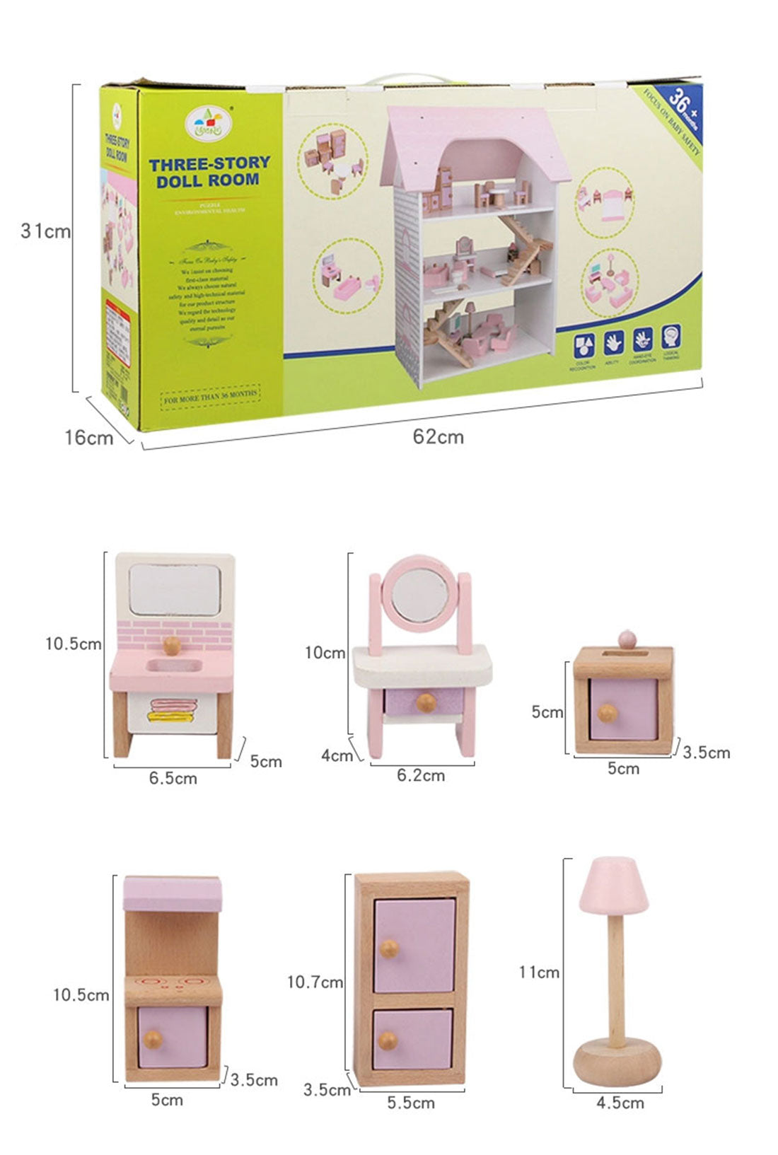 Wooden DIY Dolls Doll House 3 Level Kids Pretend Play Toys Full Furniture Set Pink Does Not Apply