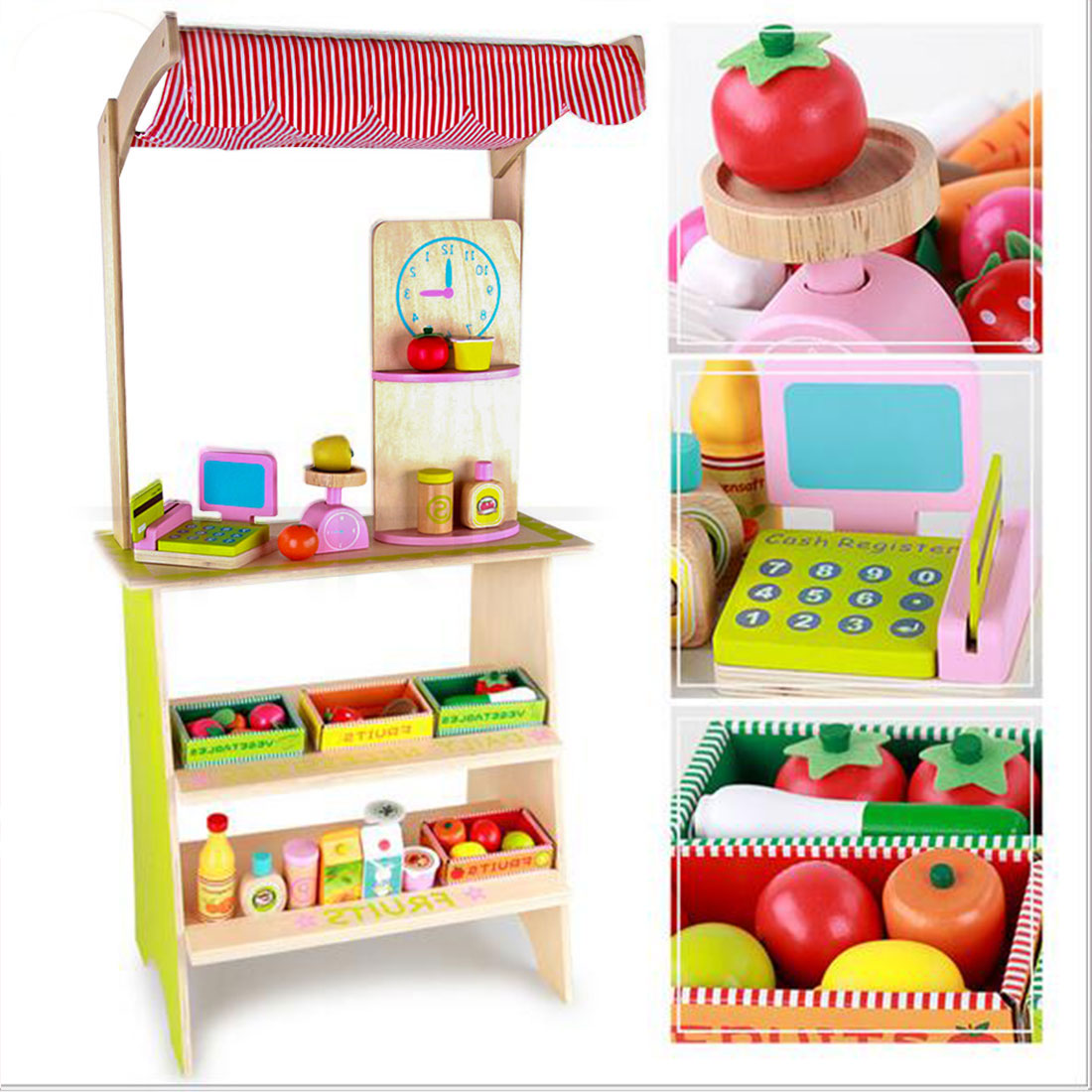 Kids Wooden Toy Pretend Play Marketplace Stand Fruit Veg Shop Stall Supermarket Does Not Apply