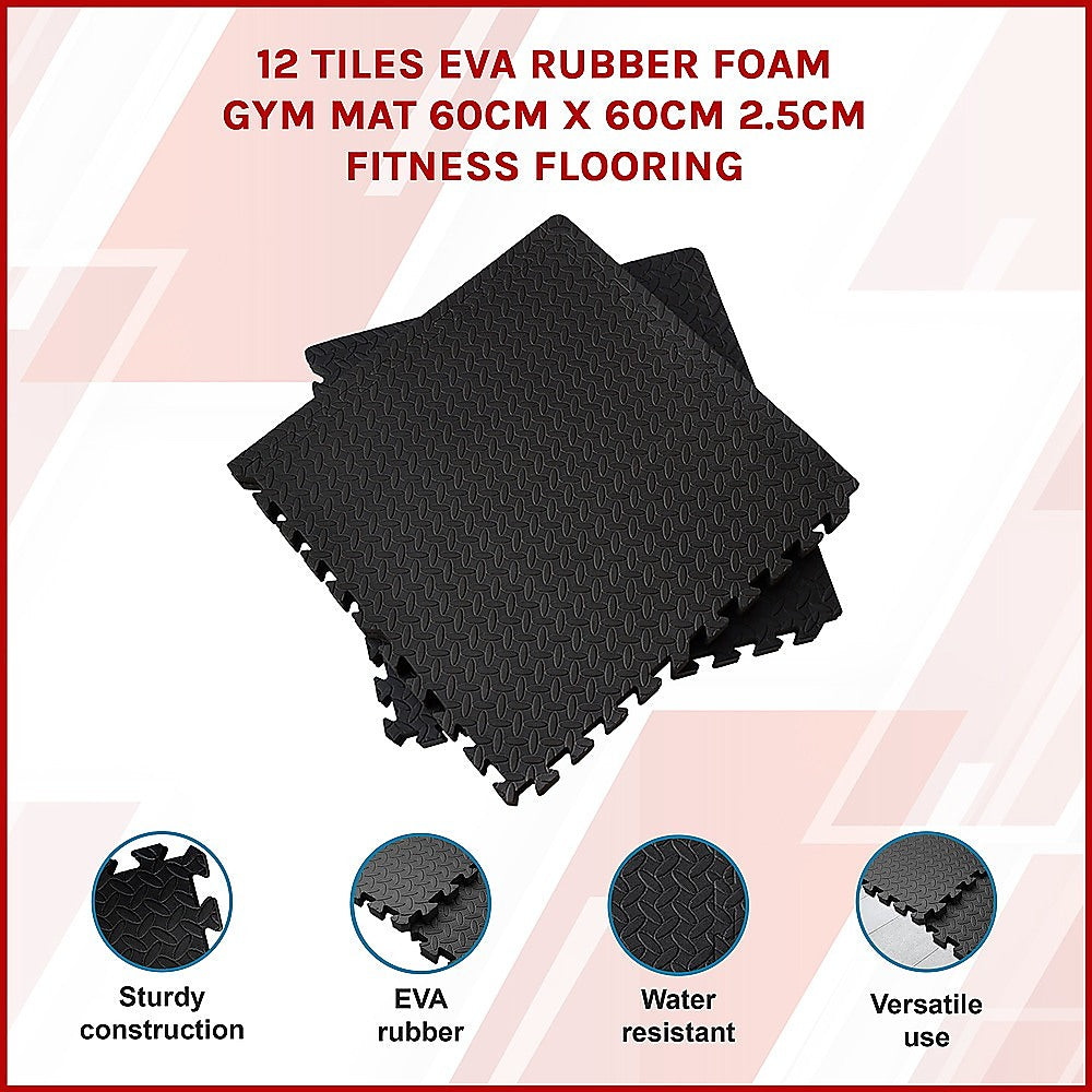 12 Tiles EVA Rubber Foam Gym Mat 60cm x 60cm 2.5cm Fitness Flooring Does not apply