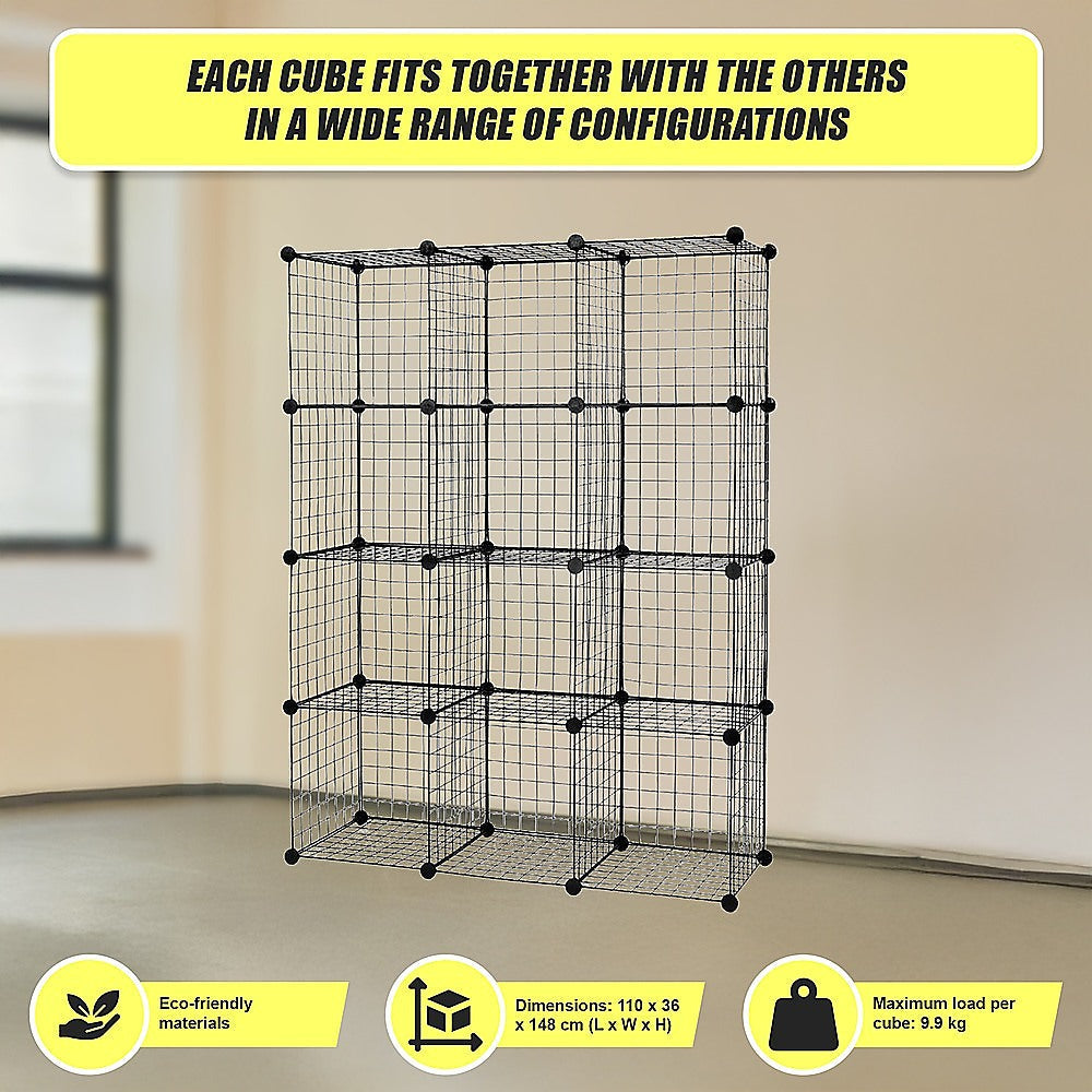 12 Cube Wire Grid Organiser Bookcase Storage Cabinet Wardrobe Closet Black Does not apply