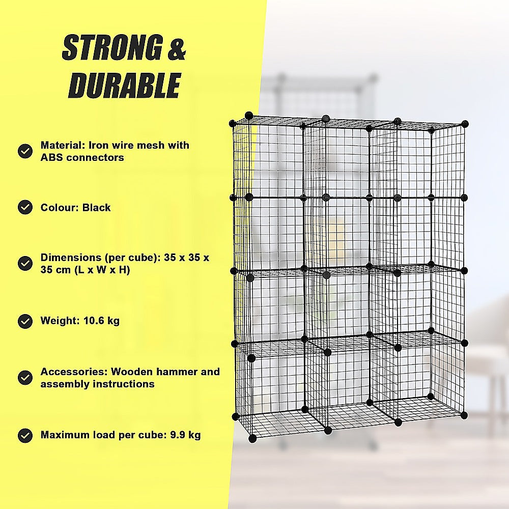 12 Cube Wire Grid Organiser Bookcase Storage Cabinet Wardrobe Closet Black Does not apply