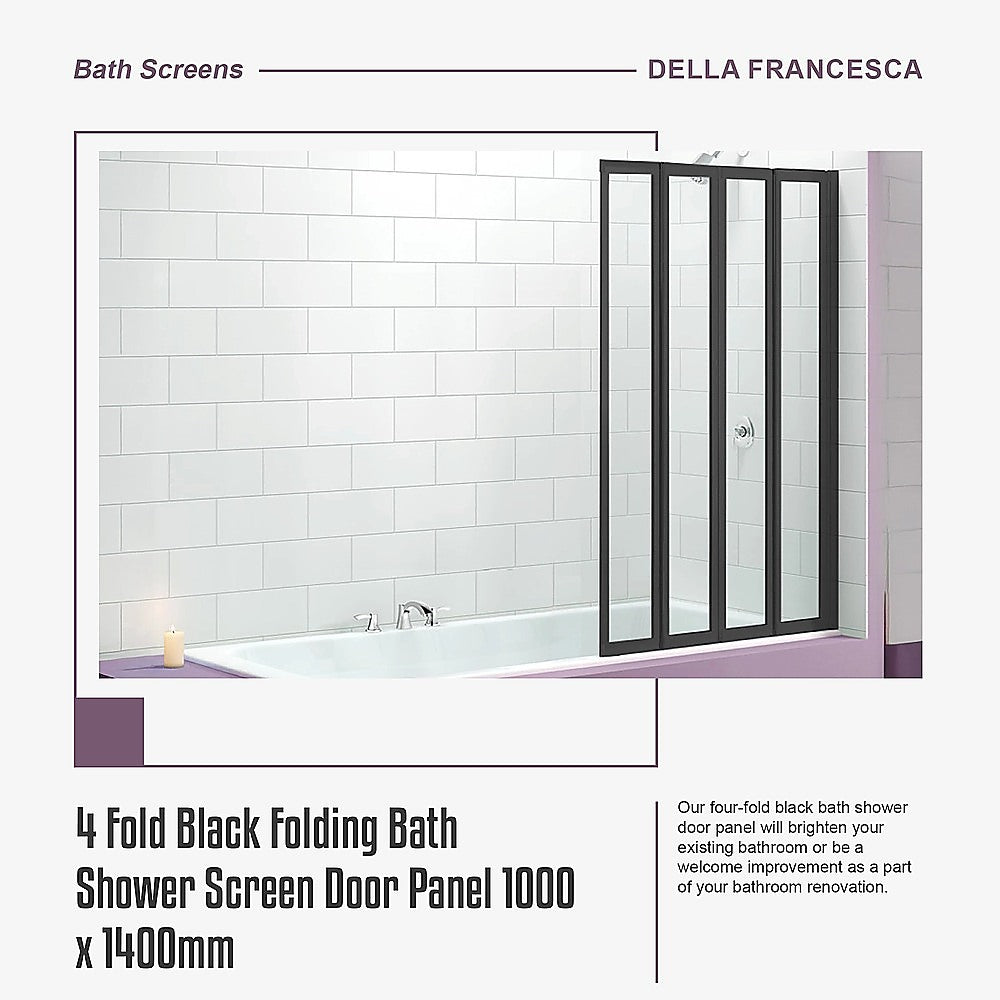 4 Fold Black Folding Bath Shower Screen Door Panel 1000 x 1400mm Della Francesca