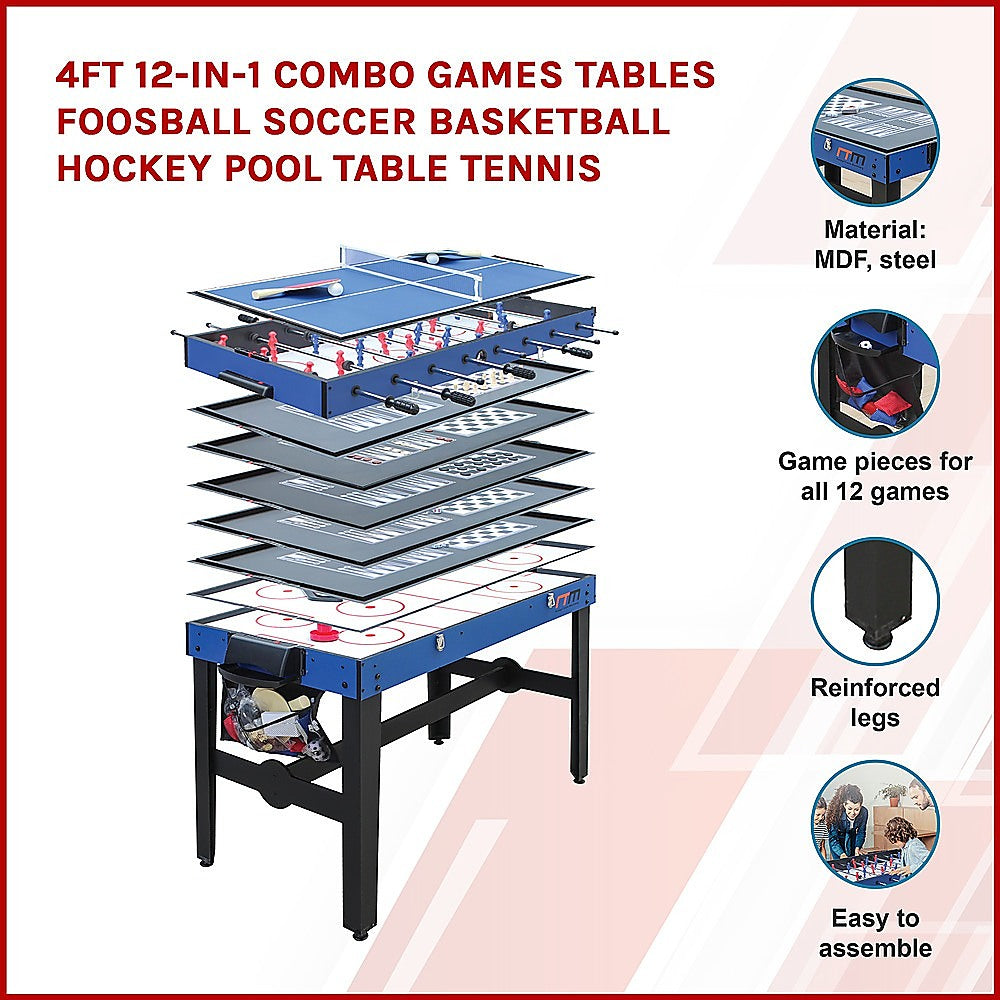 4FT 12-in-1 Combo Games Tables Foosball Soccer Basketball Hockey Pool Table Tennis Unique