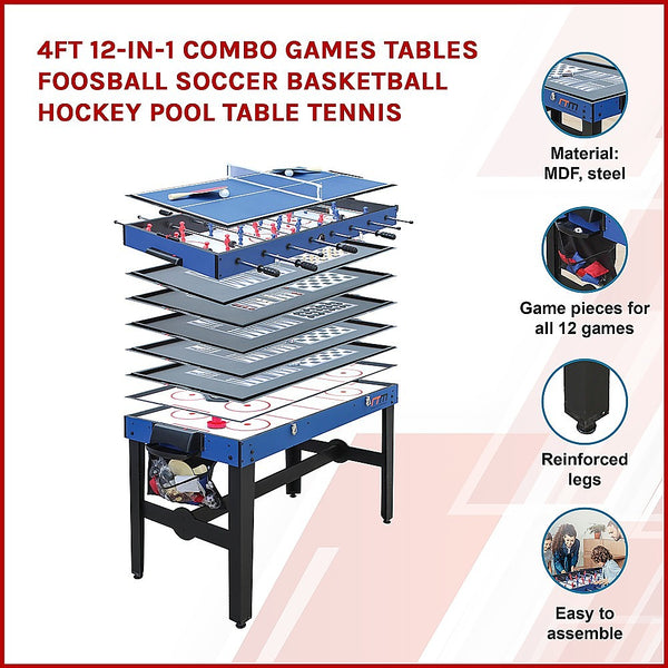 4FT 12-in-1 Combo Games Tables Foosball Soccer Basketball Hockey Pool Table Tennis Unique