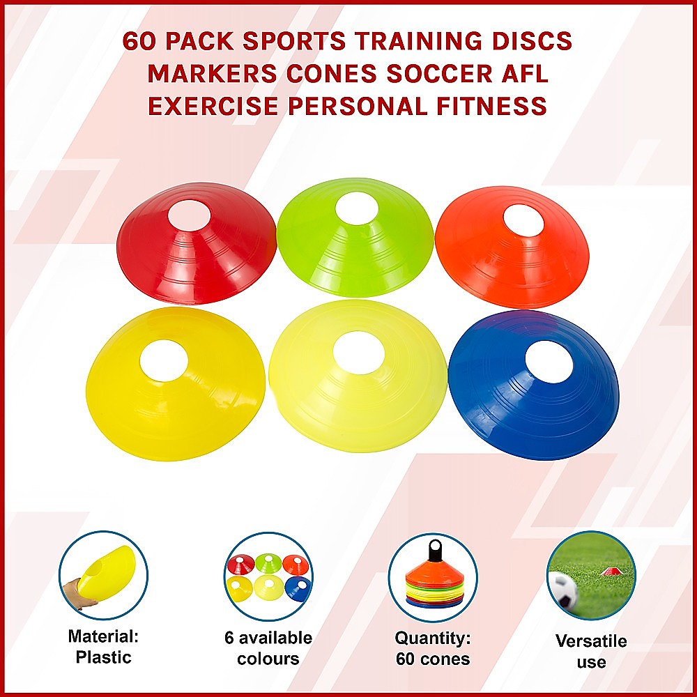 60 Pack Sports Training Discs Markers Cones Soccer AFL Exercise Personal Fitness Awezingly