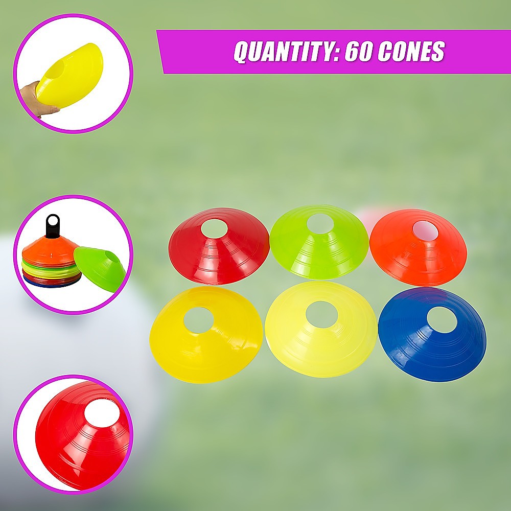 60 Pack Sports Training Discs Markers Cones Soccer AFL Exercise Personal Fitness Awezingly