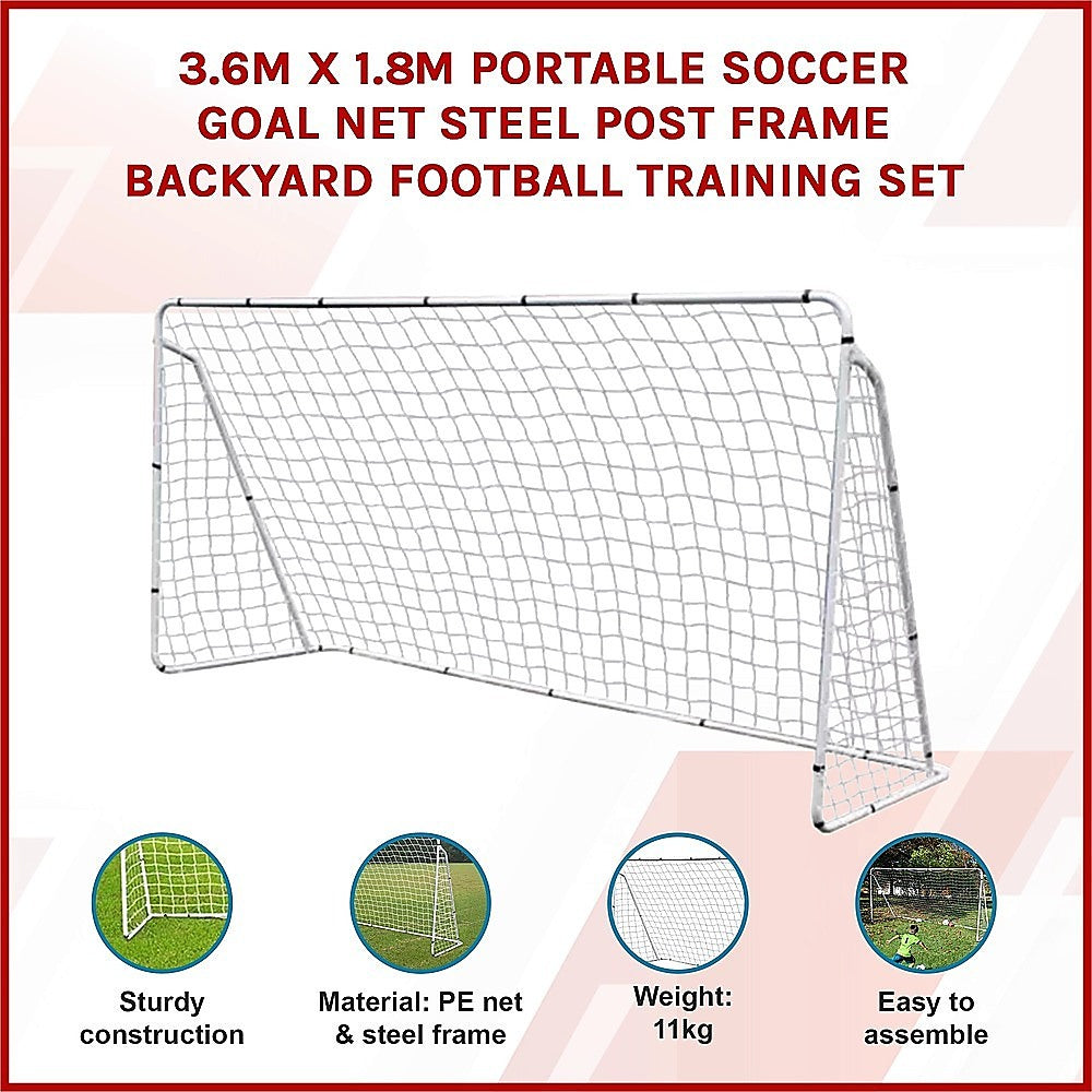 3.6m x 1.8m Portable Soccer Goal Net Steel Post Frame Backyard Football Training Set Unique