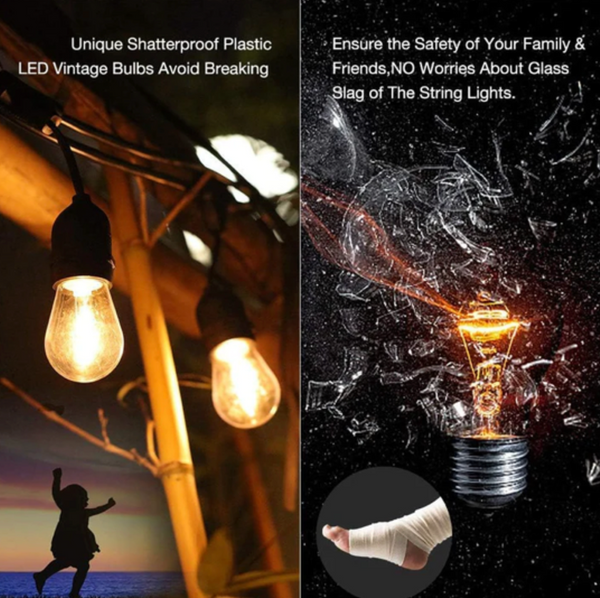 15m Solar Power Outdoor String Lights - 48 Ft Hanging Edison Bulbs Create Bistro Ambience in Your Yard - Commercial Grade Does not apply