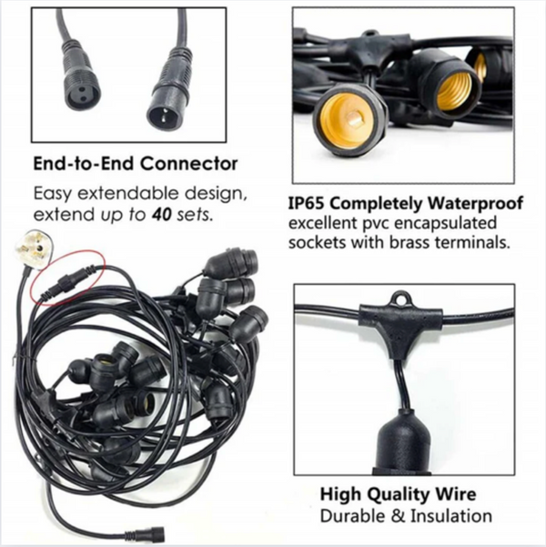 15m Solar Power Outdoor String Lights - 48 Ft Hanging Edison Bulbs Create Bistro Ambience in Your Yard - Commercial Grade Does not apply