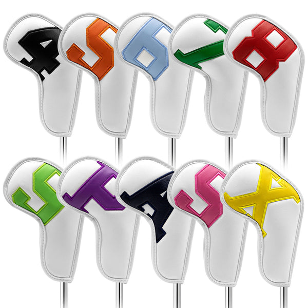 White covers with various colored numbers, Premium PU Leather Golf Iron Headcover Set (10pcs) | Numbered 4-9, P, S, A, X | Protective Club Covers for Irons Does Not Apply