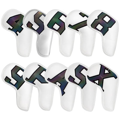 White covers with  Laser numbers, Premium PU Leather Golf Iron Headcover Set (10pcs) | Numbered 4-9, P, S, A, X | Protective Club Covers for Irons