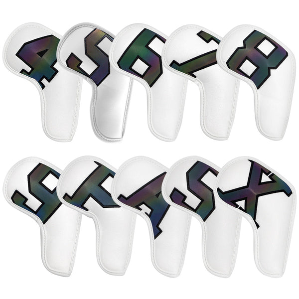 White covers with  Laser numbers, Premium PU Leather Golf Iron Headcover Set (10pcs) | Numbered 4-9, P, S, A, X | Protective Club Covers for Irons Does Not Apply
