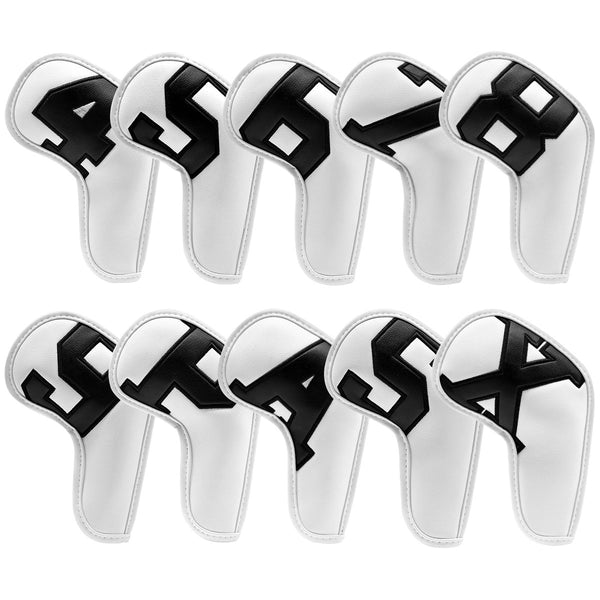 White covers with Black numbers, Premium PU Leather Golf Iron Headcover Set (10pcs) | Numbered 4-9, P, S, A, X | Protective Club Covers for Irons Does Not Apply