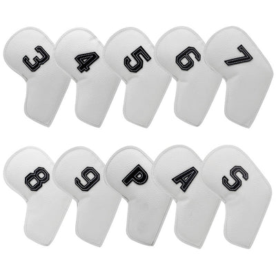 White Golf Iron Head Covers Set of 10 - Waterproof PU Leather Club Protectors with Embroidered Numbers (3-9, P, A, S)