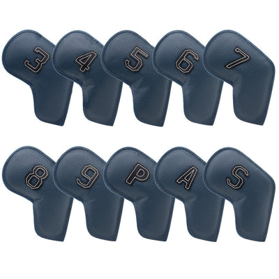 Dark Blue Golf Iron Head Covers Set of 10 - Waterproof PU Leather Club Protectors with Embroidered Numbers (3-9, P, A, S)