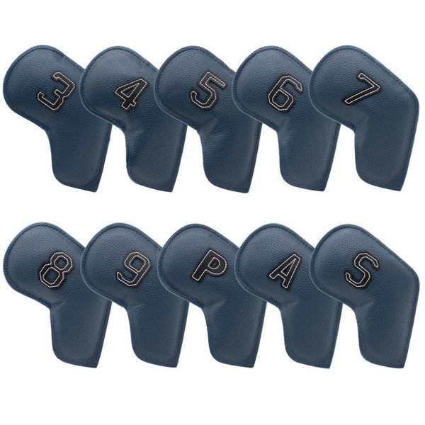 Dark Blue Golf Iron Head Covers Set of 10 - Waterproof PU Leather Club Protectors with Embroidered Numbers (3-9, P, A, S) Does Not Apply