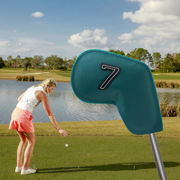 Dark Green Golf Iron Head Covers Set of 10 - Waterproof PU Leather Club Protectors with Embroidered Numbers (3-9, P, A, S) Does Not Apply