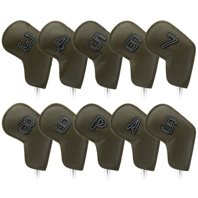 Gray Green Golf Iron Head Covers Set of 10 - Waterproof PU Leather Club Protectors with Embroidered Numbers (3-9, P, A, S)