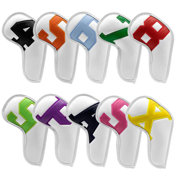 Colorful Words On White Background PU Leather Golf Iron Headcovers Set (10pcs) - Numbered Protective Club Covers (4-9, P, A, S, L) Universal Fit Does Not Apply