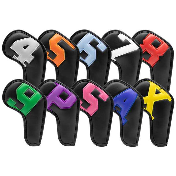 Colorful Words On Black Background PU Leather Golf Iron Headcovers Set (10pcs) - Numbered Protective Club Covers (4-9, P, A, S, L) Universal Fit Does Not Apply