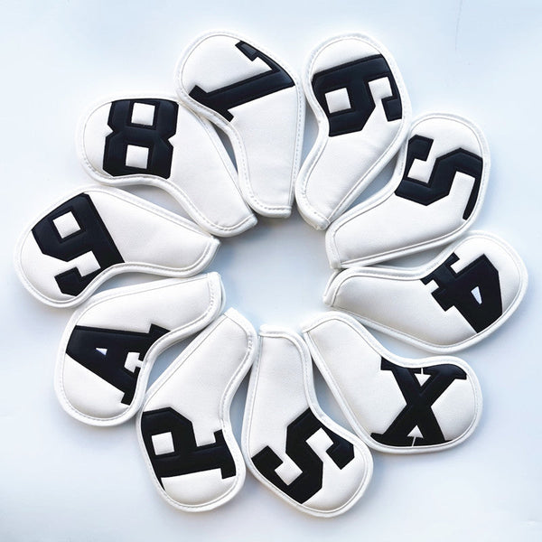 Black Words On White Background PU Leather Golf Iron Headcovers Set (10pcs) - Numbered Protective Club Covers (4-9, P, A, S, L) Universal Fit Does Not Apply