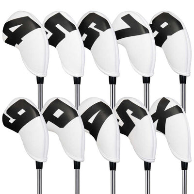 Black Words On White Background PU Leather Golf Iron Headcovers Set (10pcs) - Numbered Protective Club Covers (4-9, P, A, S, L) Universal Fit