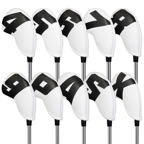 Black Words On White Background PU Leather Golf Iron Headcovers Set (10pcs) - Numbered Protective Club Covers (4-9, P, A, S, L) Universal Fit Does Not Apply
