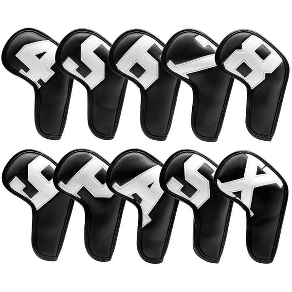 White Words On Black Background PU Leather Golf Iron Headcovers Set (10pcs) - Numbered Protective Club Covers (4-9, P, A, S, L) Universal Fit Does Not Apply