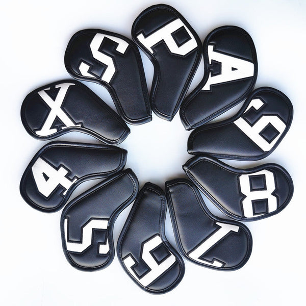 White Words On Black Background PU Leather Golf Iron Headcovers Set (10pcs) - Numbered Protective Club Covers (4-9, P, A, S, L) Universal Fit Does Not Apply