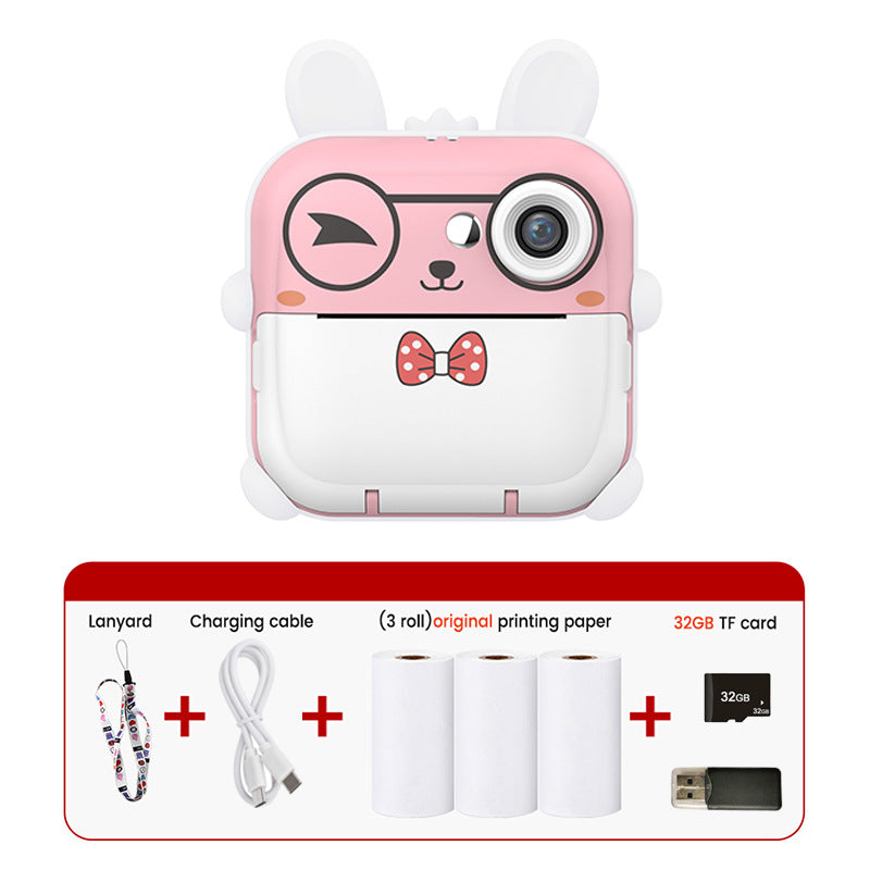 Pink rabbit Kids Instant Print Camera Zero Ink Digital Video Recorder with 32GB Card and 3 Paper Rolls Portable Rechargeable Toy Gift Awezingly