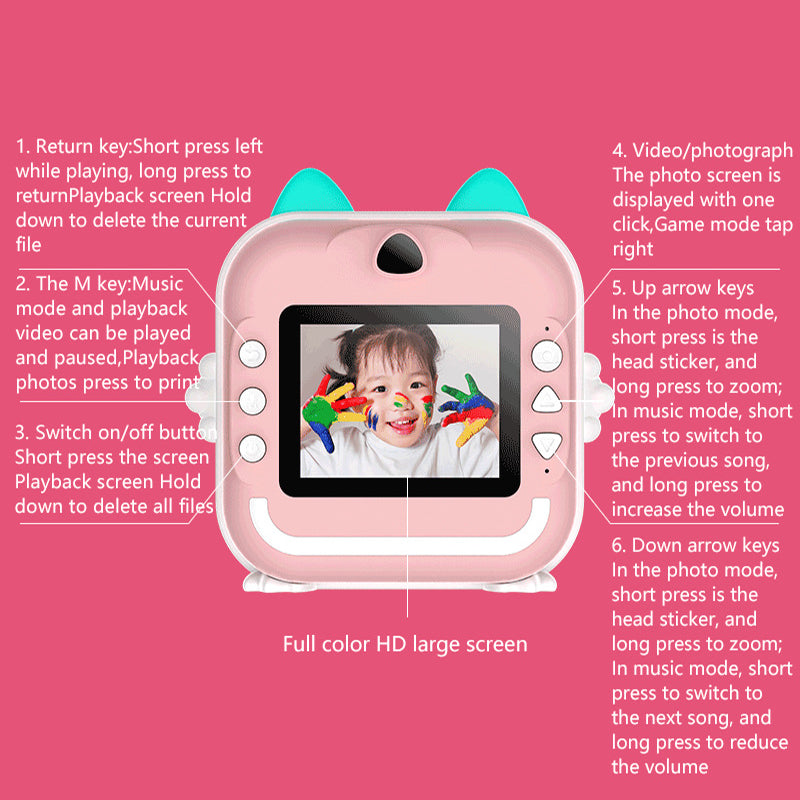 Pink rabbit Kids Instant Print Camera Zero Ink Digital Video Recorder with 32GB Card and 3 Paper Rolls Portable Rechargeable Toy Gift Awezingly