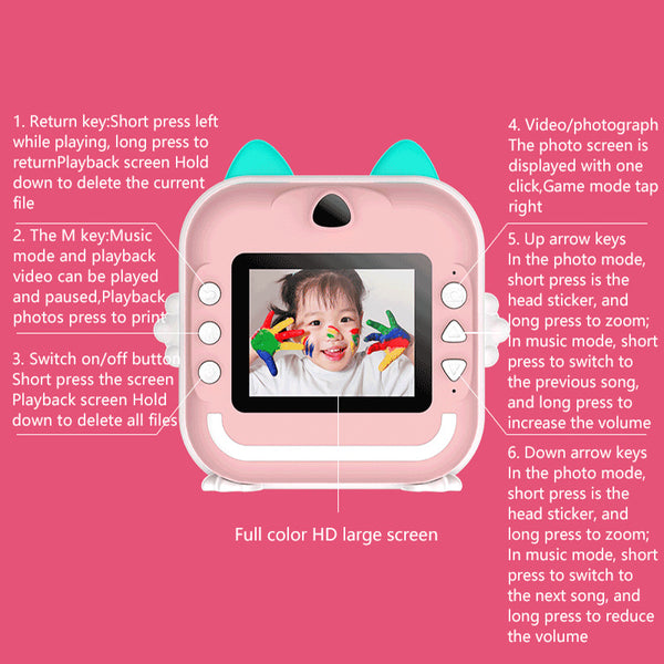 Pink rabbit Kids Instant Print Camera Zero Ink Digital Video Recorder with 32GB Card and 3 Paper Rolls Portable Rechargeable Toy Gift Awezingly